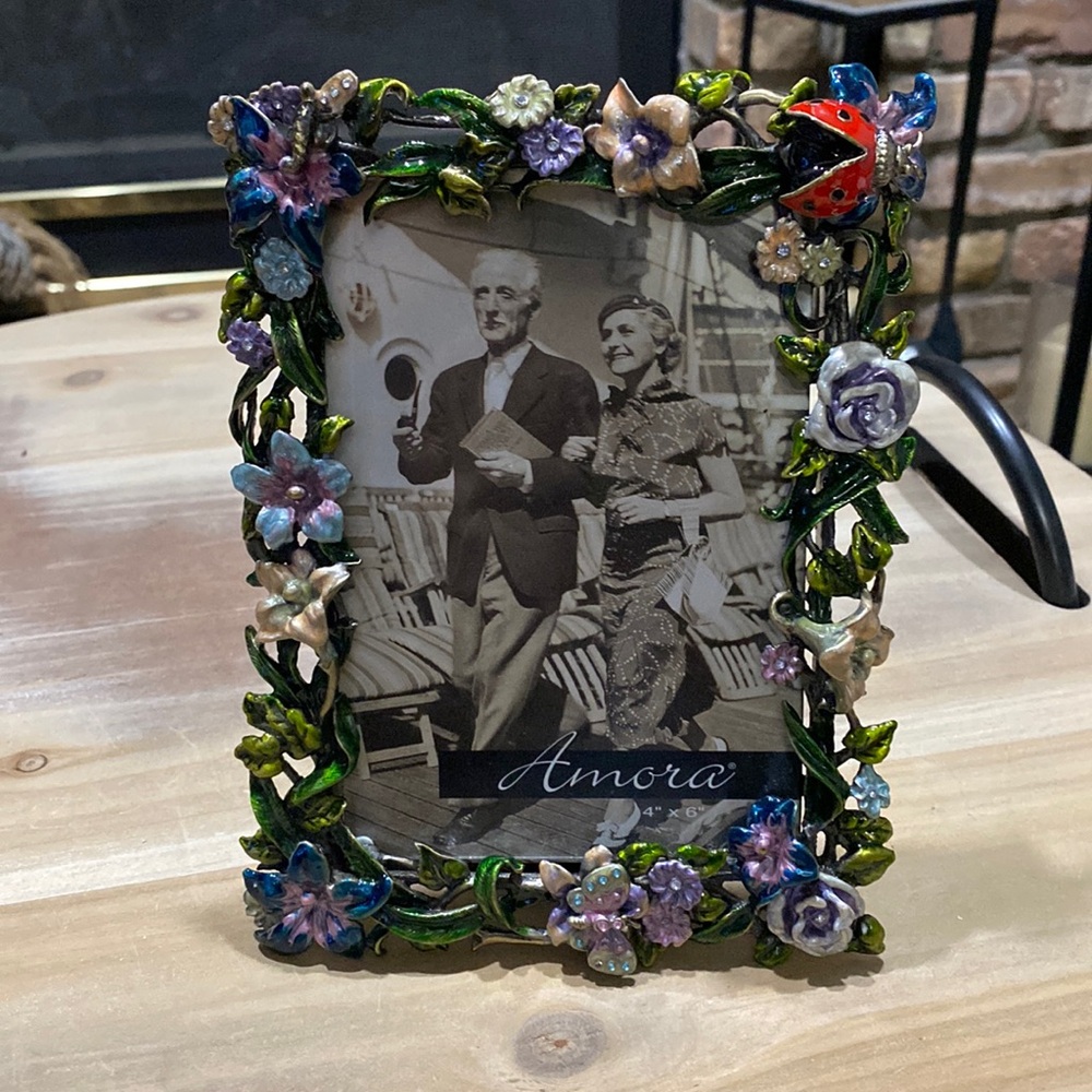 Amora metal 4 x 6 floral picture frame with ladybug